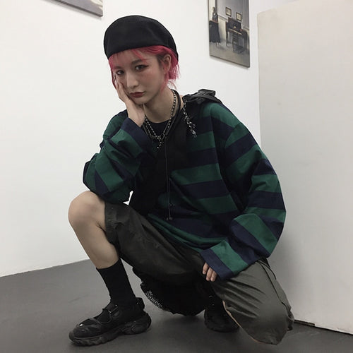 Oversized Stripe T-shirt Long Sleeves Vintage Style Pullover-Pullovers-Arimonz-Arimonz