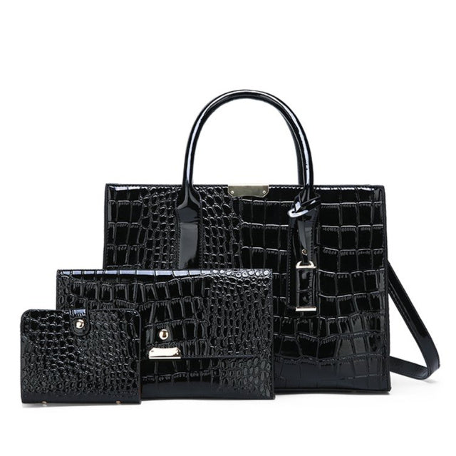 Pantent Leather Faux Crocodile Crossbody Shoulder Handbags For Women-Handbags-Arimonz-Black Set-Arimonz
