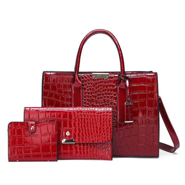 Pantent Leather Faux Crocodile Crossbody Shoulder Handbags For Women-Handbags-Arimonz-Red Set-Arimonz