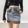 Patchwork Furry Leopard High Waist Jeans Skirt Women Casual Mini Skirt-Denim Skirts-Arimonz-Arimonz