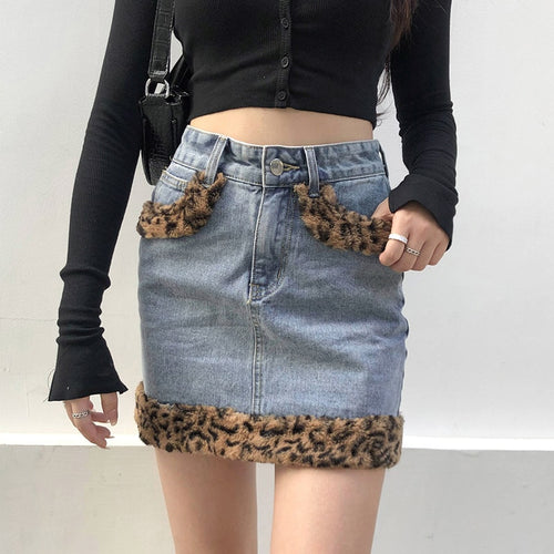 Patchwork Furry Leopard High Waist Jeans Skirt Women Casual Mini Skirt-Denim Skirts-Arimonz-Arimonz