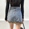 Patchwork Furry Leopard High Waist Jeans Skirt Women Casual Mini Skirt-Denim Skirts-Arimonz-Arimonz
