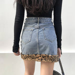 Patchwork Furry Leopard High Waist Jeans Skirt Women Casual Mini Skirt-Denim Skirts-Arimonz-Arimonz