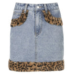 Patchwork Furry Leopard High Waist Jeans Skirt Women Casual Mini Skirt-Denim Skirts-Arimonz-S-Arimonz