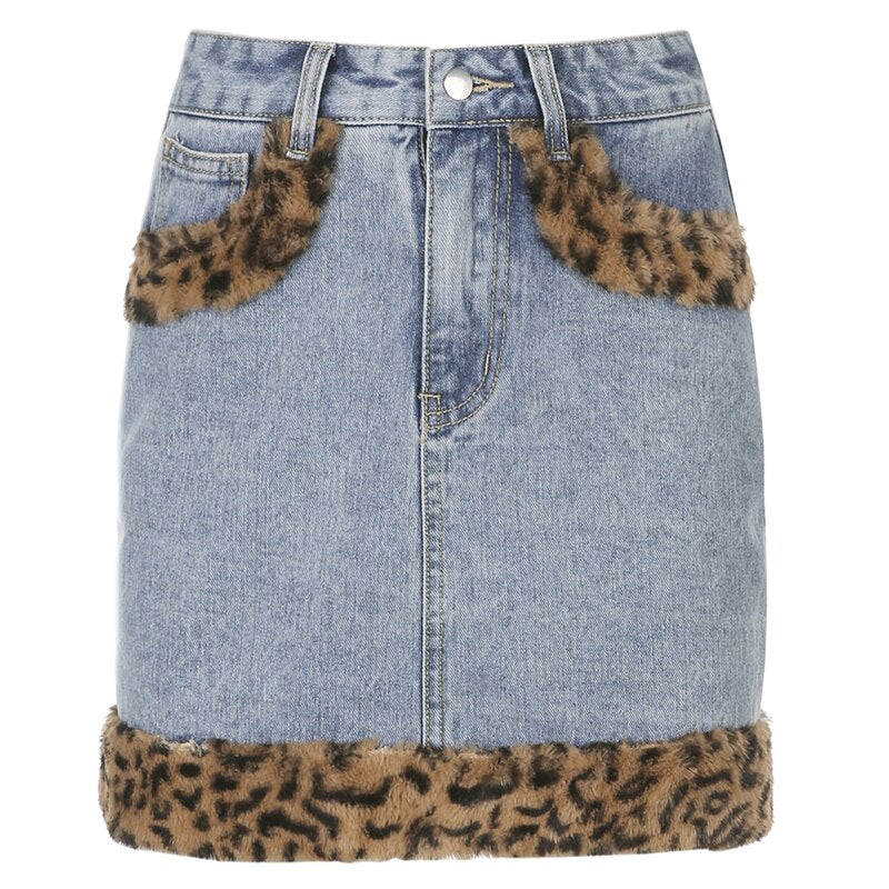 Patchwork Furry Leopard High Waist Jeans Skirt Women Casual Mini Skirt-Denim Skirts-Arimonz-S-Arimonz
