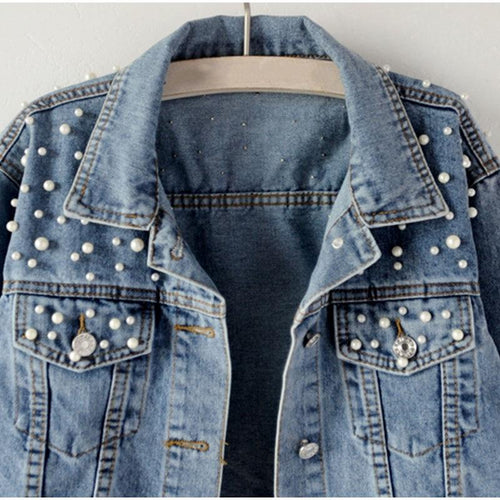 Pearl Beading Short Denim Jacket-Jean Jackets-Arimonz-Arimonz