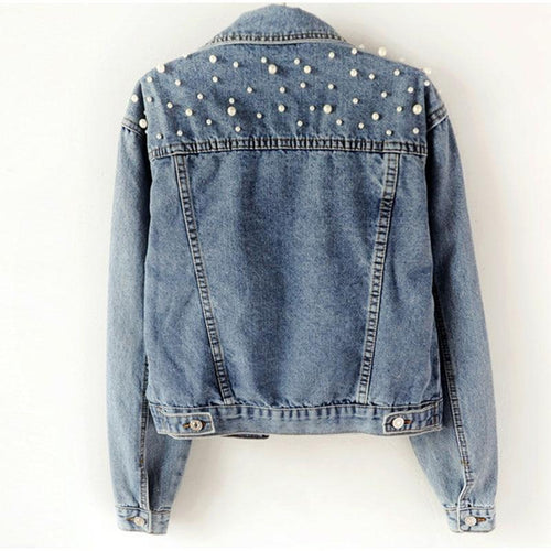 Pearl Beading Short Denim Jacket-Jean Jackets-Arimonz-Arimonz
