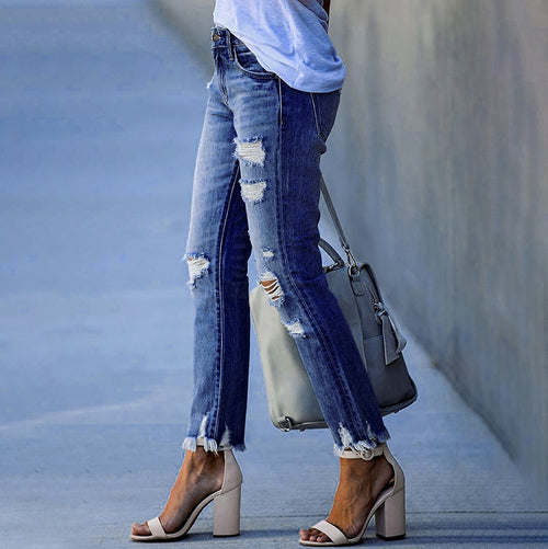 Pencil Pants Ripped Slim Fit High Waist Vintage Stretch Blue Jeans-Skinny Jeans-Arimonz-Arimonz