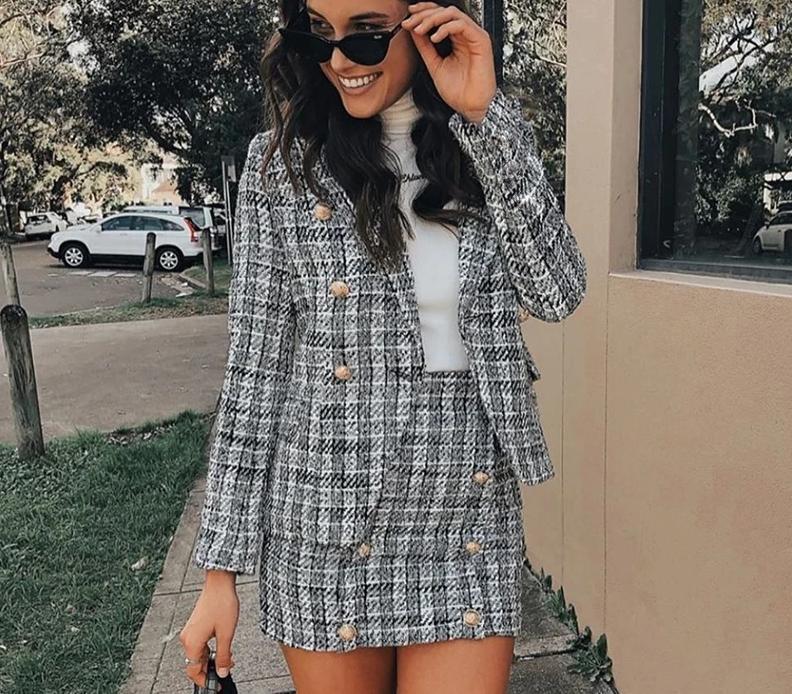 Plaid Blazer Double Breast Blazer & Skirt-Wear To Work Sets-Arimonz-Arimonz