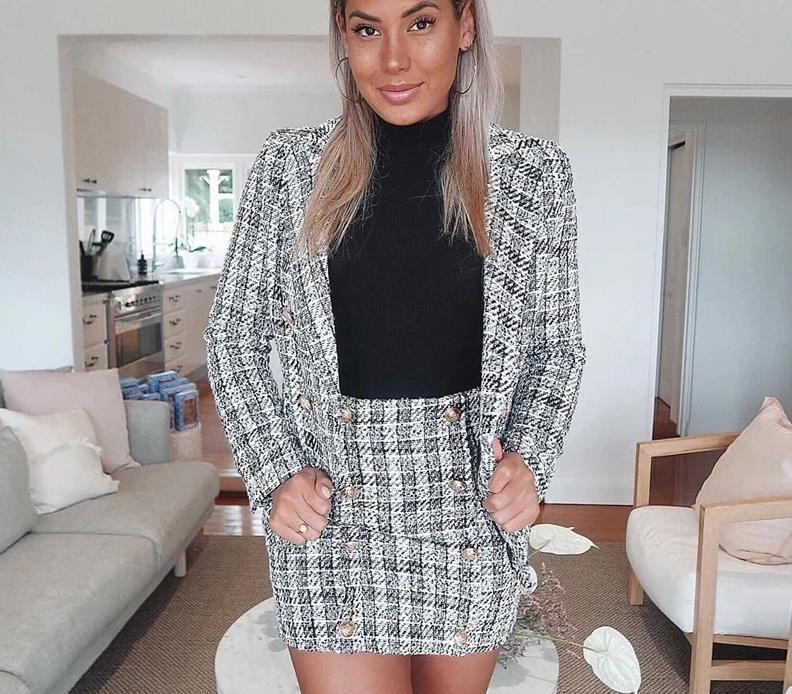 Plaid Blazer Double Breast Blazer & Skirt-Wear To Work Sets-Arimonz-Arimonz
