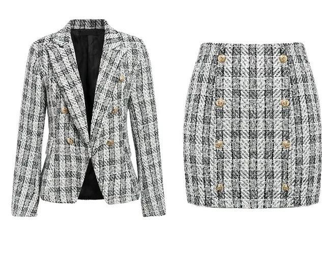Plaid Blazer Double Breast Blazer & Skirt-Wear To Work Sets-Arimonz-S-Arimonz