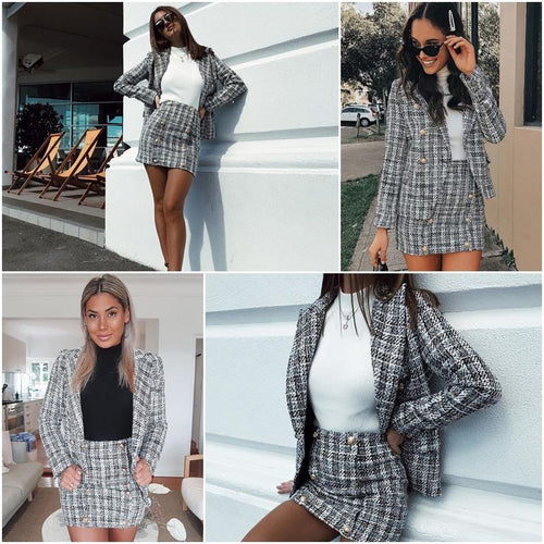 Plaid Blazer Double Breast Blazer & Skirt-Wear To Work Sets-Arimonz-Arimonz
