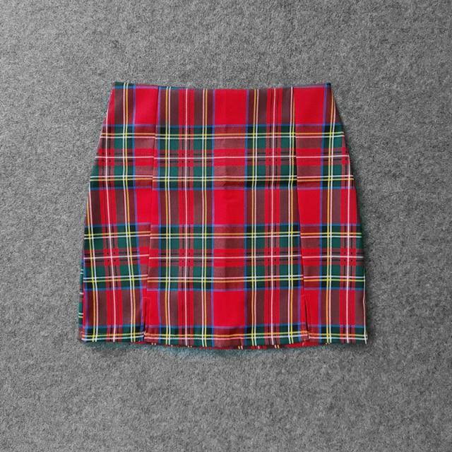 Plaid Pencil Skirts Women's High Waist Mini Skirts Lining With Shorts-Skirts-Arimonz-dark red-XS-Arimonz