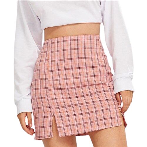 Plaid Side Slit Skirt-Skirts-Arimonz-Pink-XS-Arimonz