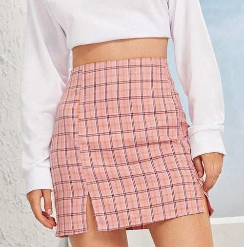 Plaid Side Slit Skirt-Skirts-Arimonz-Arimonz