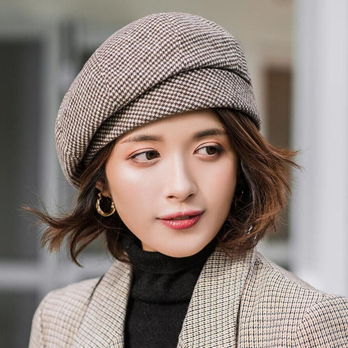 Plaid Vintage Octagonal Casual Autumn Girl Cap Panama Women Wool Beret-Winter Hats-Arimonz-Arimonz
