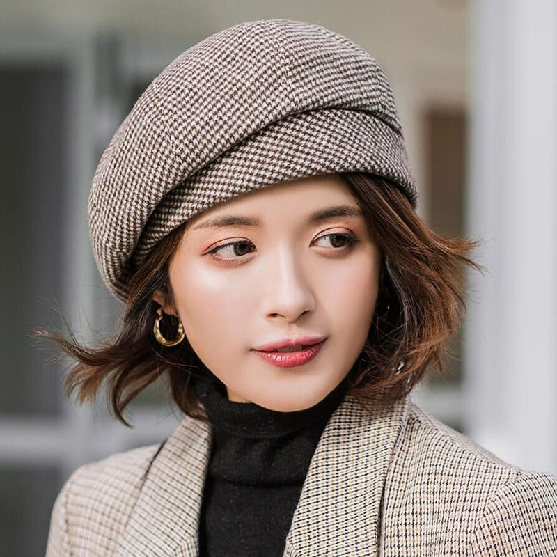 Plaid Vintage Octagonal Casual Autumn Girl Cap Panama Women Wool Beret-Winter Hats-Arimonz-Arimonz