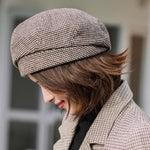 Plaid Vintage Octagonal Casual Autumn Girl Cap Panama Women Wool Beret-Winter Hats-Arimonz-Arimonz