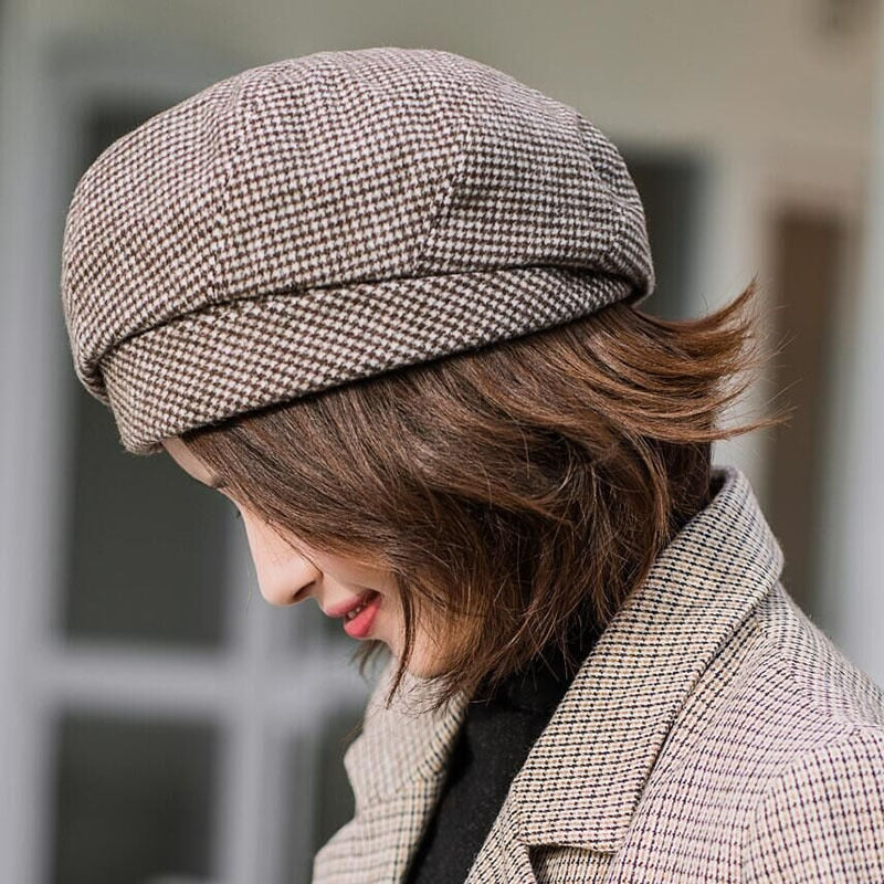 Plaid Vintage Octagonal Casual Autumn Girl Cap Panama Women Wool Beret-Winter Hats-Arimonz-Arimonz
