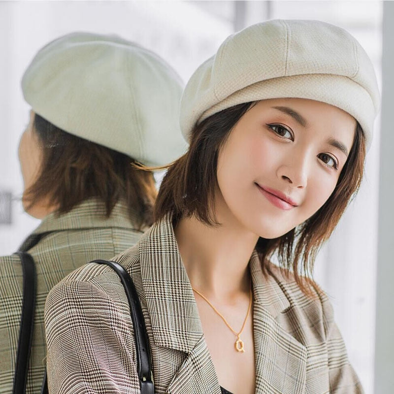 Plaid Vintage Octagonal Casual Autumn Girl Cap Panama Women Wool Beret-Winter Hats-Arimonz-Arimonz
