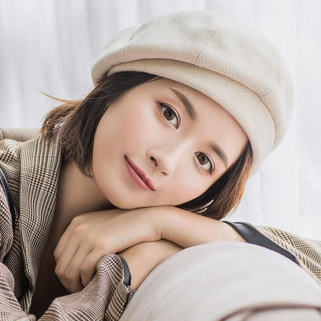 Plaid Vintage Octagonal Casual Autumn Girl Cap Panama Women Wool Beret-Winter Hats-Arimonz-Beige-Arimonz