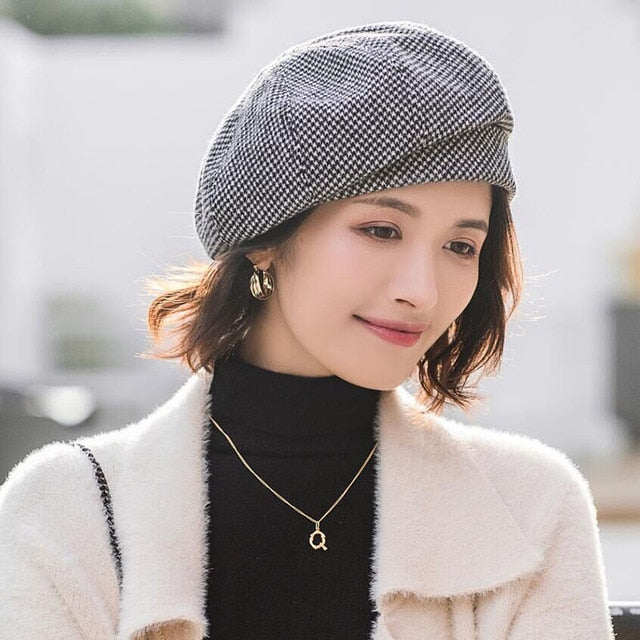 Plaid Vintage Octagonal Casual Autumn Girl Cap Panama Women Wool Beret-Winter Hats-Arimonz-Black-Arimonz
