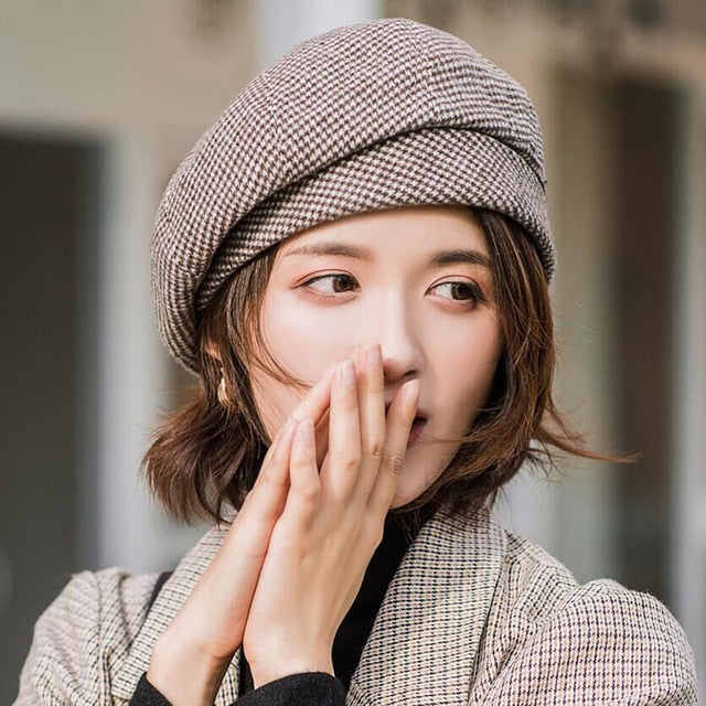 Plaid Vintage Octagonal Casual Autumn Girl Cap Panama Women Wool Beret-Winter Hats-Arimonz-brown-Arimonz