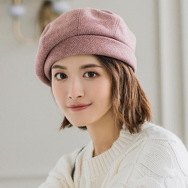Plaid Vintage Octagonal Casual Autumn Girl Cap Panama Women Wool Beret-Winter Hats-Arimonz-Red wine-Arimonz