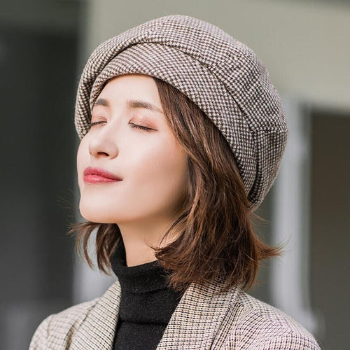Plaid Vintage Octagonal Casual Autumn Girl Cap Panama Women Wool Beret-Winter Hats-Arimonz-Arimonz