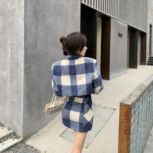 Plaid Woolen Suit Two Piece Sets High Waist Mini Skirt Wool Blends Set-Wear To Work Sets-Arimonz-Arimonz