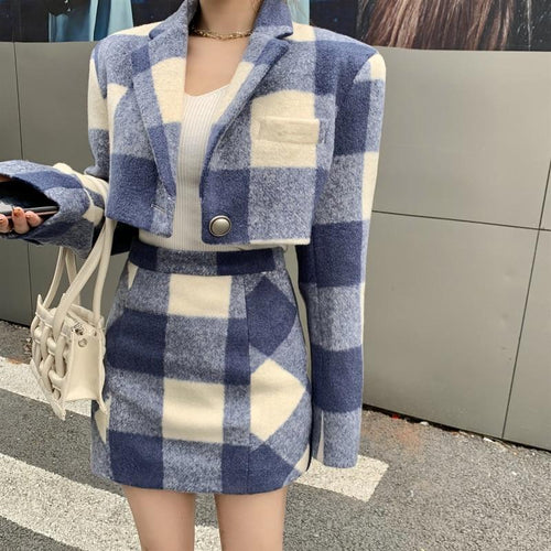 Plaid Woolen Suit Two Piece Sets High Waist Mini Skirt Wool Blends Set-Wear To Work Sets-Arimonz-Arimonz
