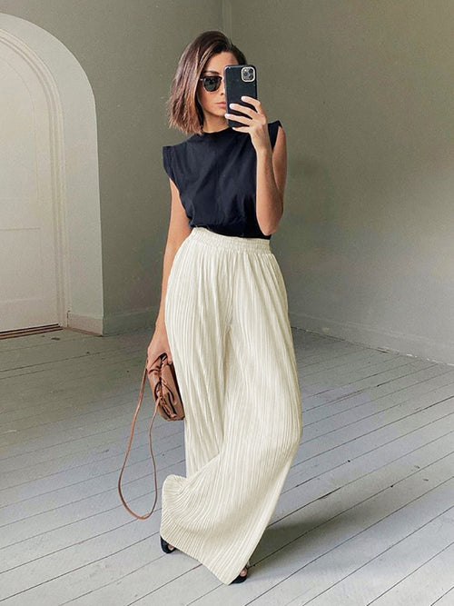 Pleated Wide Leg Pants Women Casual Loose Trousers Office Long Pants-Wear To Work Sets-Arimonz-Arimonz