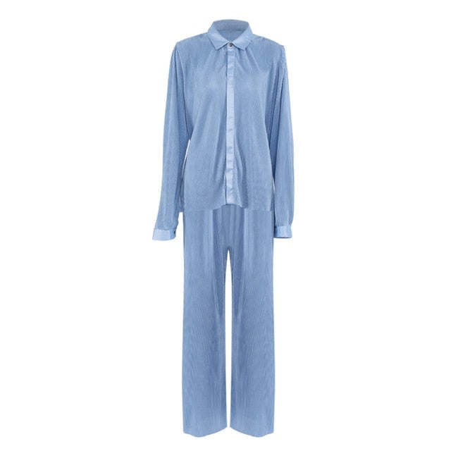 Pleated Wide Leg Pants Women Casual Loose Trousers Office Long Pants-Wear To Work Sets-Arimonz-Blue Suit-S-Arimonz