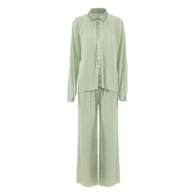Pleated Wide Leg Pants Women Casual Loose Trousers Office Long Pants-Wear To Work Sets-Arimonz-Green Suit-S-Arimonz