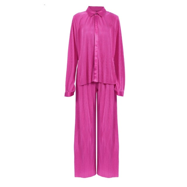 Pleated Wide Leg Pants Women Casual Loose Trousers Office Long Pants-Wear To Work Sets-Arimonz-Hot Pink Suit-S-Arimonz