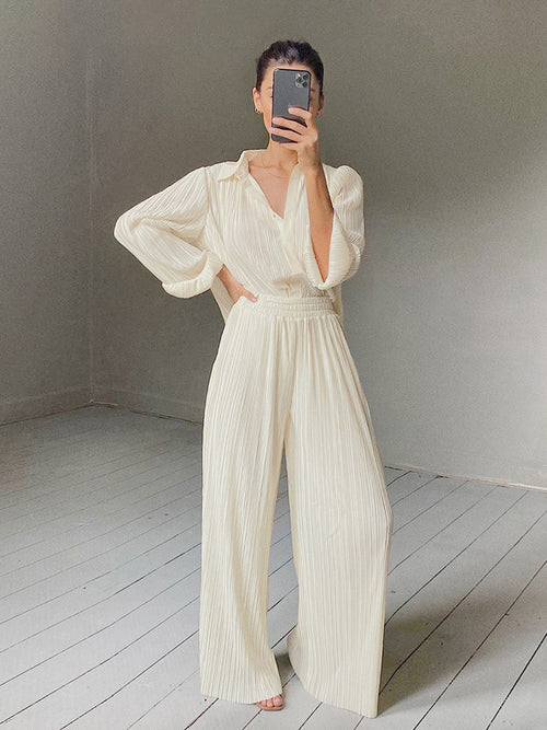 Pleated Wide Leg Pants Women Casual Loose Trousers Office Long Pants-Wear To Work Sets-Arimonz-Arimonz
