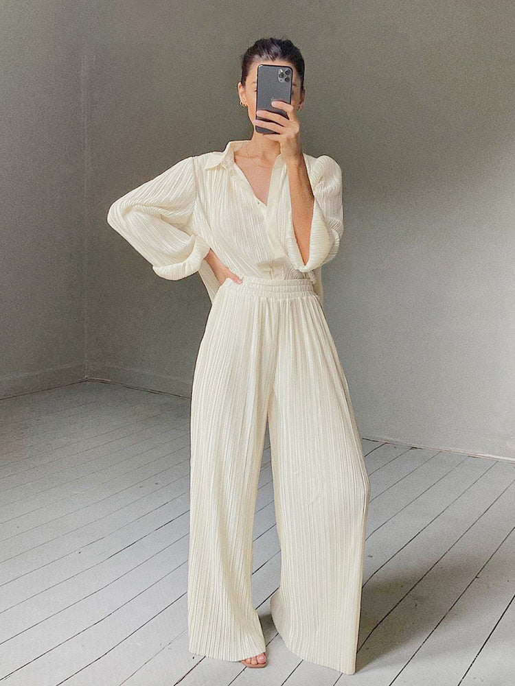 Pleated Wide Leg Pants Women Casual Loose Trousers Office Long Pants-Wear To Work Sets-Arimonz-Arimonz