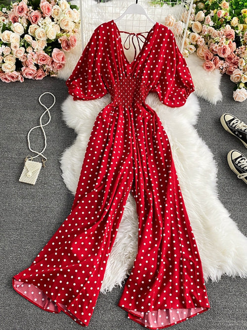 Polka Dot Romper Women Elegant Puff Short Sleeve High Waist Jumpsuit-Night Out Jumpsuits & Rompers-Arimonz-Arimonz