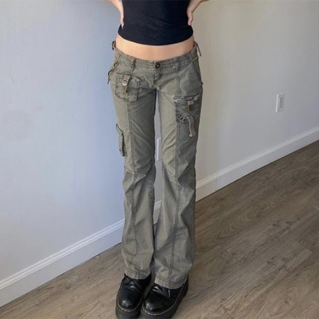 Retro Grunge Cargo Denim Jeans Streetwear Vintage Low Waist Trouser-Straight Jeans-Arimonz-Army Green-S-Arimonz