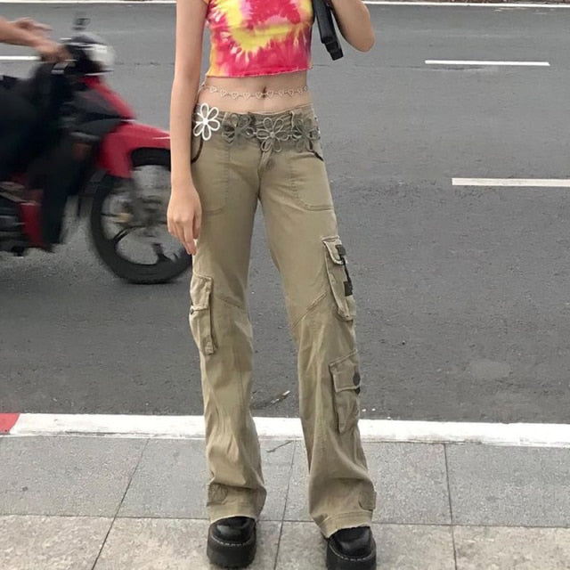 Retro Grunge Cargo Denim Jeans Streetwear Vintage Low Waist Trouser-Straight Jeans-Arimonz-Khaki-S-Arimonz