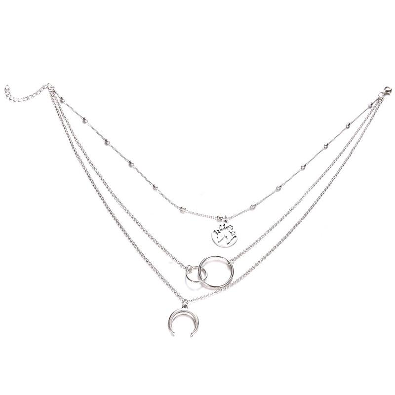 Retro Moon World Map Circle Pendant Multilayer Necklace For Women Charm Jewelry Accessory-Necklaces-Arimonz-Arimonz