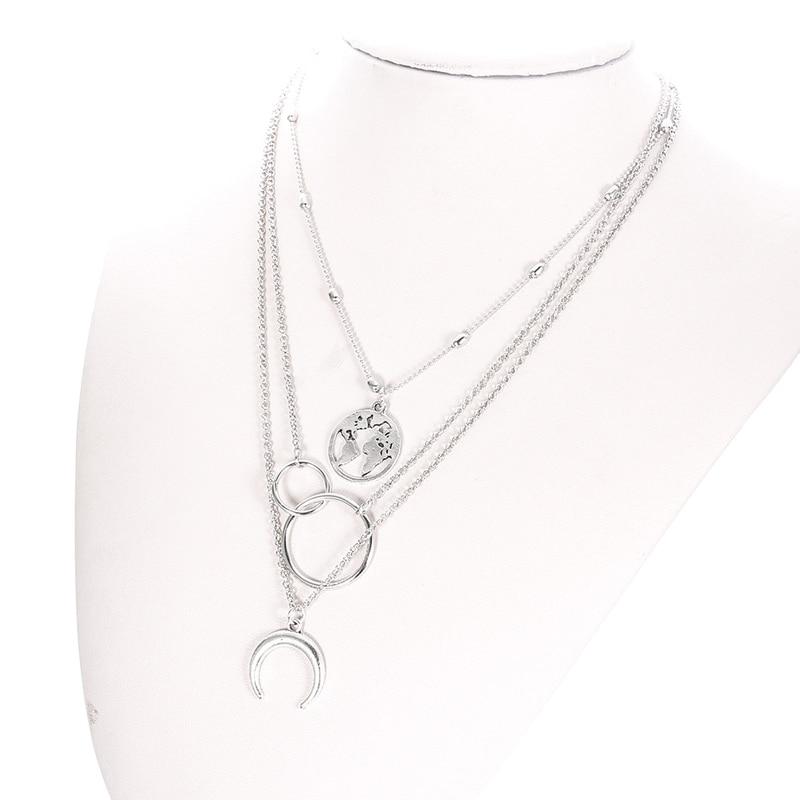 Retro Moon World Map Circle Pendant Multilayer Necklace For Women Charm Jewelry Accessory-Necklaces-Arimonz-Arimonz