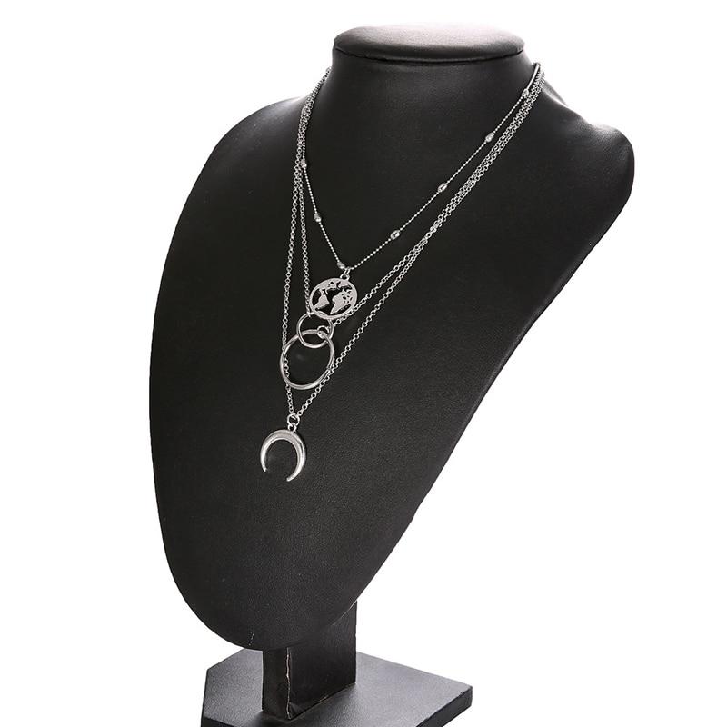 Retro Moon World Map Circle Pendant Multilayer Necklace For Women Charm Jewelry Accessory-Necklaces-Arimonz-Arimonz