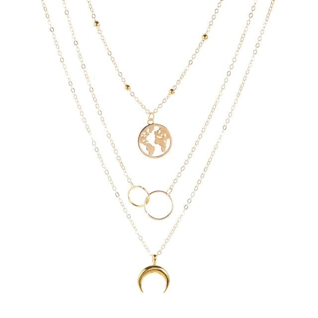 Retro Moon World Map Circle Pendant Multilayer Necklace For Women Charm Jewelry Accessory-Necklaces-Arimonz-Gold-Arimonz
