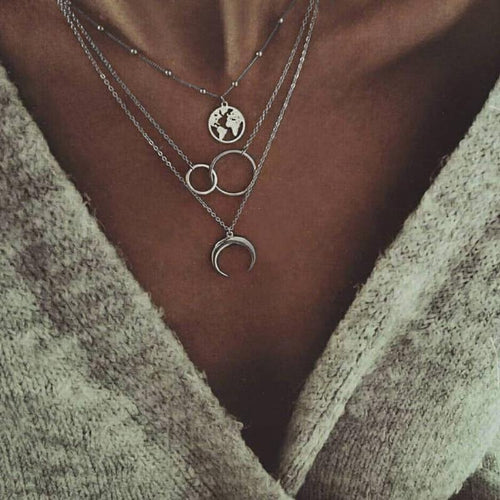 Retro Moon World Map Circle Pendant Multilayer Necklace For Women Charm Jewelry Accessory-Necklaces-Arimonz-Arimonz
