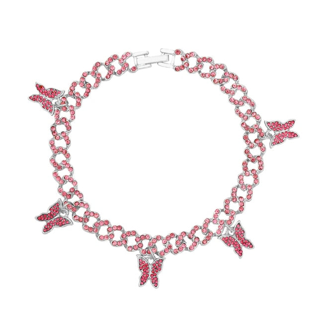 Rhinestone Cuban Link Butterfly Anklet Bracelet for Women Anklets-Anklets-Arimonz-Butterfly Pink Small Chain Hook-Arimonz