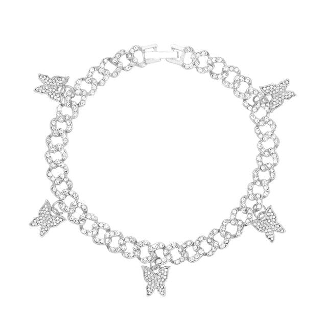 Rhinestone Cuban Link Butterfly Anklet Bracelet for Women Anklets-Anklets-Arimonz-Butterfly Silver Small Chain Hook-Arimonz