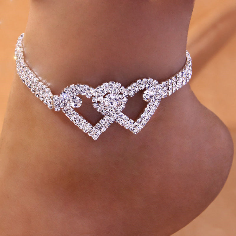 Rhinestone Double Heart Anklet for Women Hollow Out Love Foot Anklet-Anklets-Arimonz-Arimonz