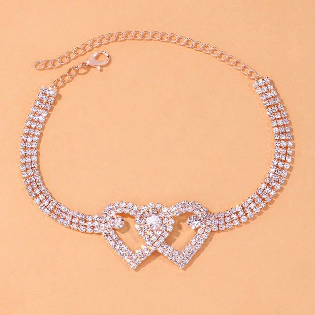 Rhinestone Double Heart Anklet for Women Hollow Out Love Foot Anklet-Anklets-Arimonz-TYPE 1-Rose gold-Arimonz