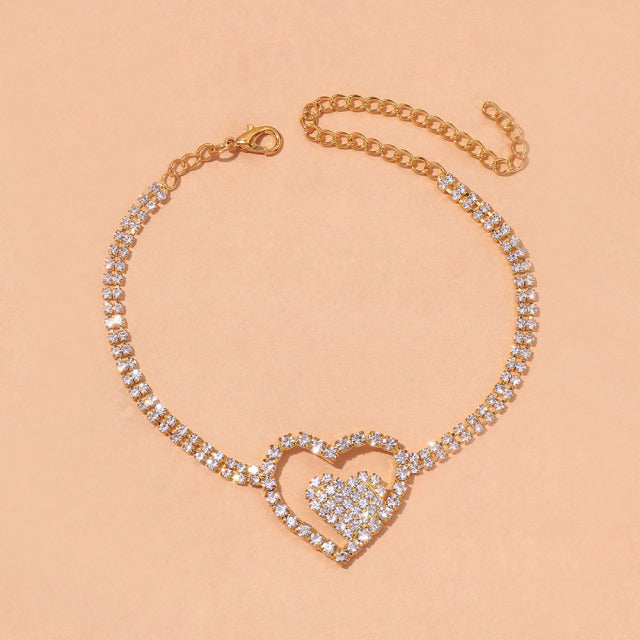 Rhinestone Double Heart Anklet for Women Hollow Out Love Foot Anklet-Anklets-Arimonz-TYPE 4-Gold-Arimonz